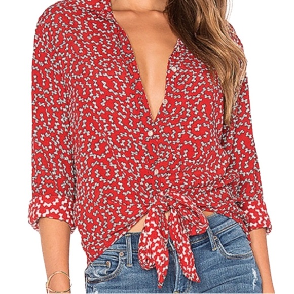 Faithfull the Brand Red Print Bow Tie Front Shirt Oversized 2 - Picture 1 of 9